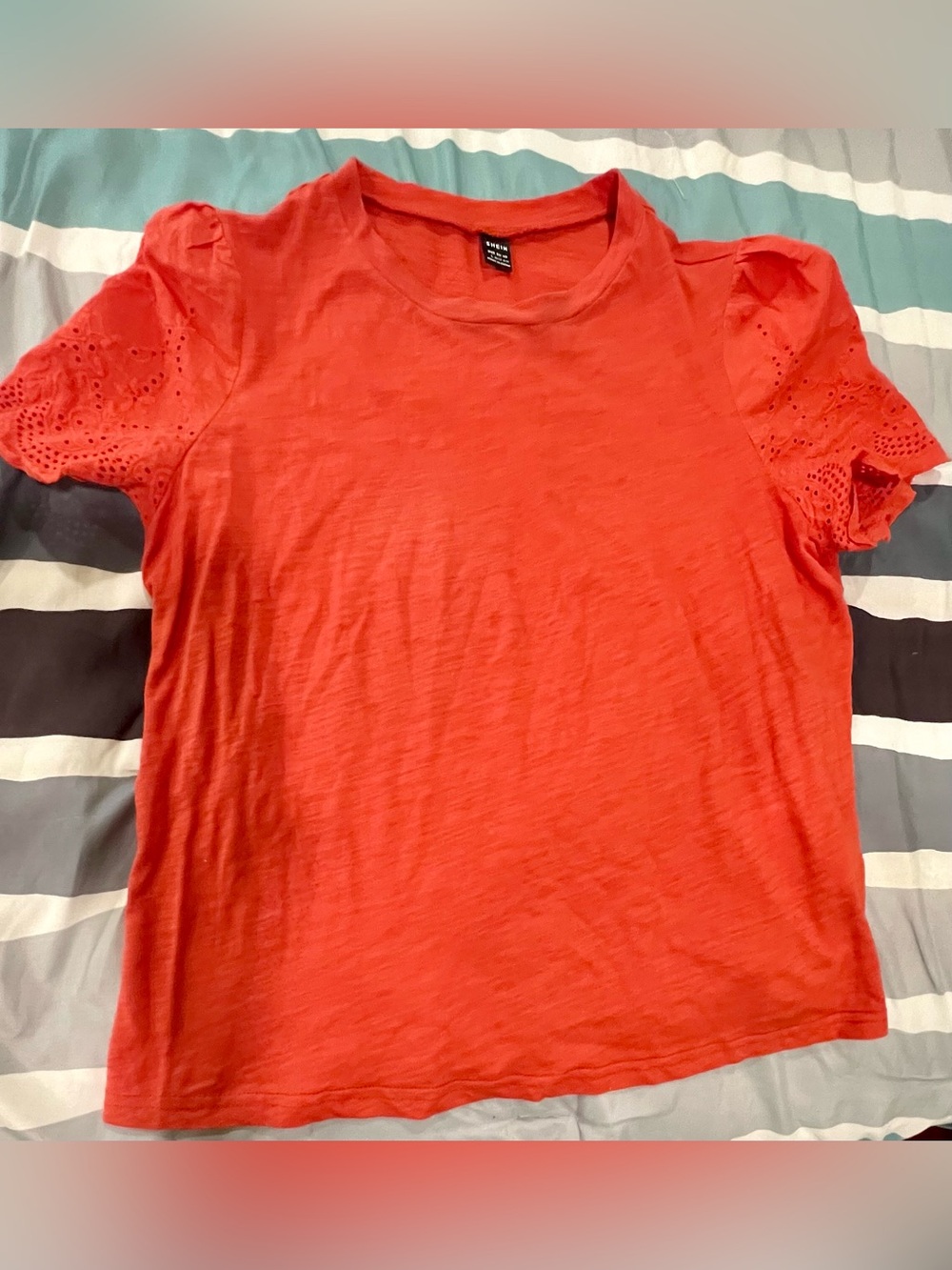 Sale(5 for $20)-Bright Coral Eyelet Sleeve Tee- Cotton